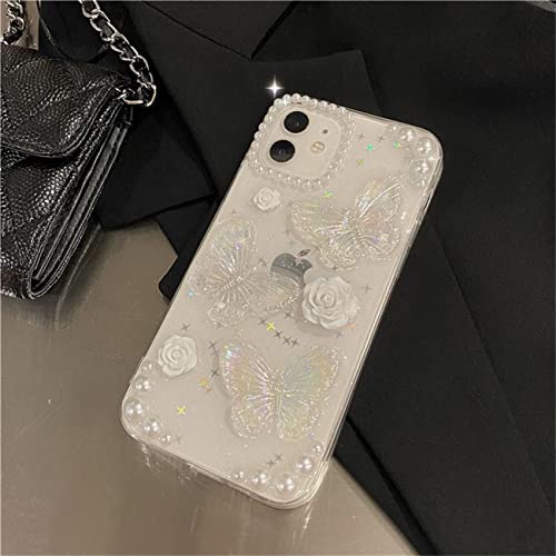Fycyko Compatible for iPhone 11 3D Butterfly Floral Clear with Design Aesthetic Women Teen Girls Glitter Pretty Crystal Sparkle Sparkly Cute Girly Phone Cases Protective Cover+Pearl Chain-Clear - Image 8