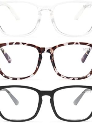 Gaoye Blue Light Blocking Glasses - 3 Pack Fashion Square Fake Eyeglasses, Anti UV Ray Computer Gaming Glasses, Blue Blockers Glasses for Women/Men, Matte Black+Leopard+Transparent