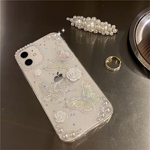 Fycyko Compatible for iPhone 11 3D Butterfly Floral Clear with Design Aesthetic Women Teen Girls Glitter Pretty Crystal Sparkle Sparkly Cute Girly Phone Cases Protective Cover+Pearl Chain-Clear - Image 4