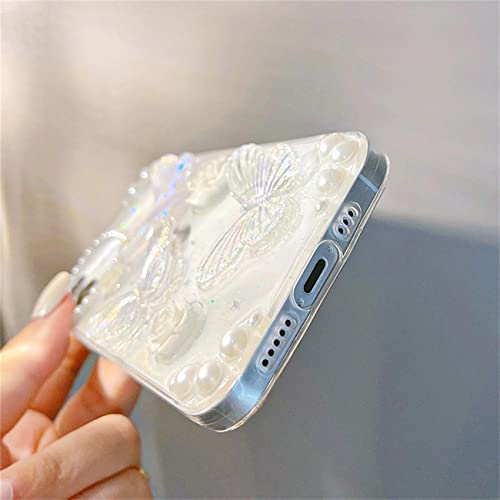 Fycyko Compatible for iPhone 11 3D Butterfly Floral Clear with Design Aesthetic Women Teen Girls Glitter Pretty Crystal Sparkle Sparkly Cute Girly Phone Cases Protective Cover+Pearl Chain-Clear - Image 6