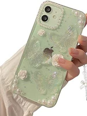 Fycyko Compatible for iPhone 11 3D Butterfly Floral Clear with Design Aesthetic Women Teen Girls Glitter Pretty Crystal Sparkle Sparkly Cute Girly Phone Cases Protective Cover+Pearl Chain-Clear