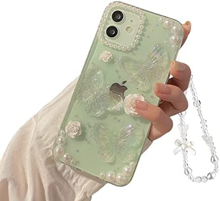 Fycyko Compatible for iPhone 11 3D Butterfly Floral Clear with Design Aesthetic Women Teen Girls Glitter Pretty Crystal Sparkle Sparkly Cute Girly Phone Cases Protective Cover+Pearl Chain-Clear