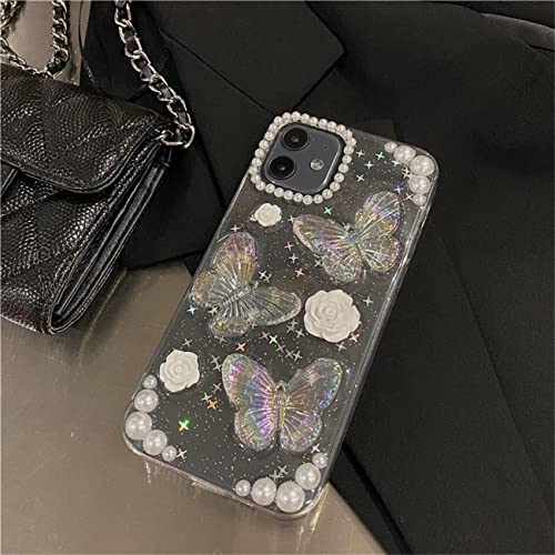 Fycyko Compatible for iPhone 11 3D Butterfly Floral Clear with Design Aesthetic Women Teen Girls Glitter Pretty Crystal Sparkle Sparkly Cute Girly Phone Cases Protective Cover+Pearl Chain-Clear - Image 5
