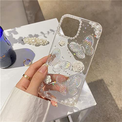 Fycyko Compatible for iPhone 11 3D Butterfly Floral Clear with Design Aesthetic Women Teen Girls Glitter Pretty Crystal Sparkle Sparkly Cute Girly Phone Cases Protective Cover+Pearl Chain-Clear - Image 2